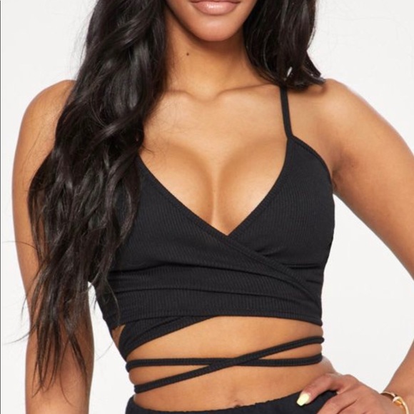 PrettyLittleThing Tops - Shape Black Ribbed Wrap Waist Detail Crop